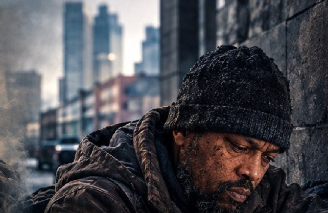 Veteran sitting on a city street